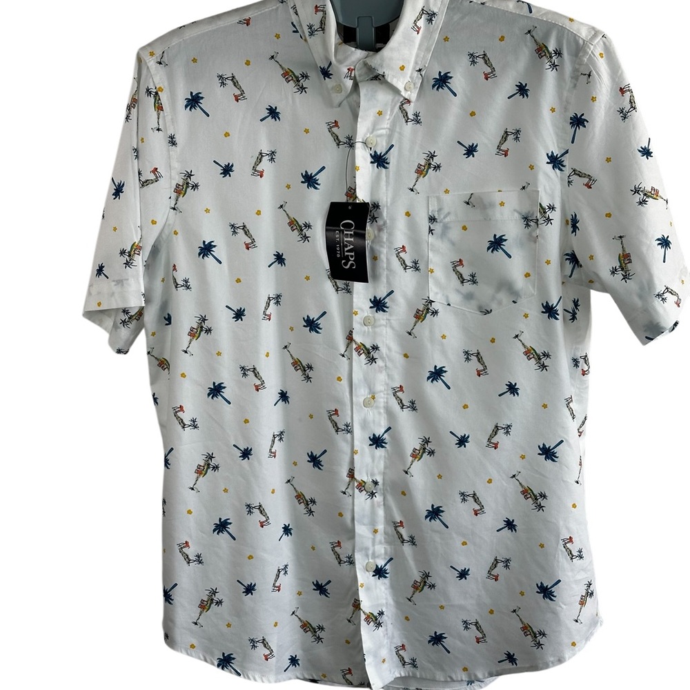 Chaps Tropical Print button up White Palm Tree Vacation short sleeve Sz L